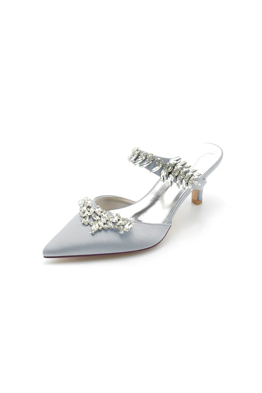 Satin Pointed Toe Mules with Crystal Rhinestone