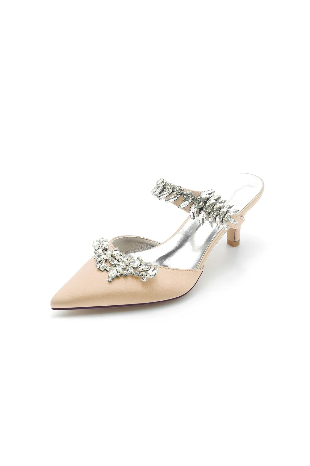 Satin Pointed Toe Mules with Crystal Rhinestone