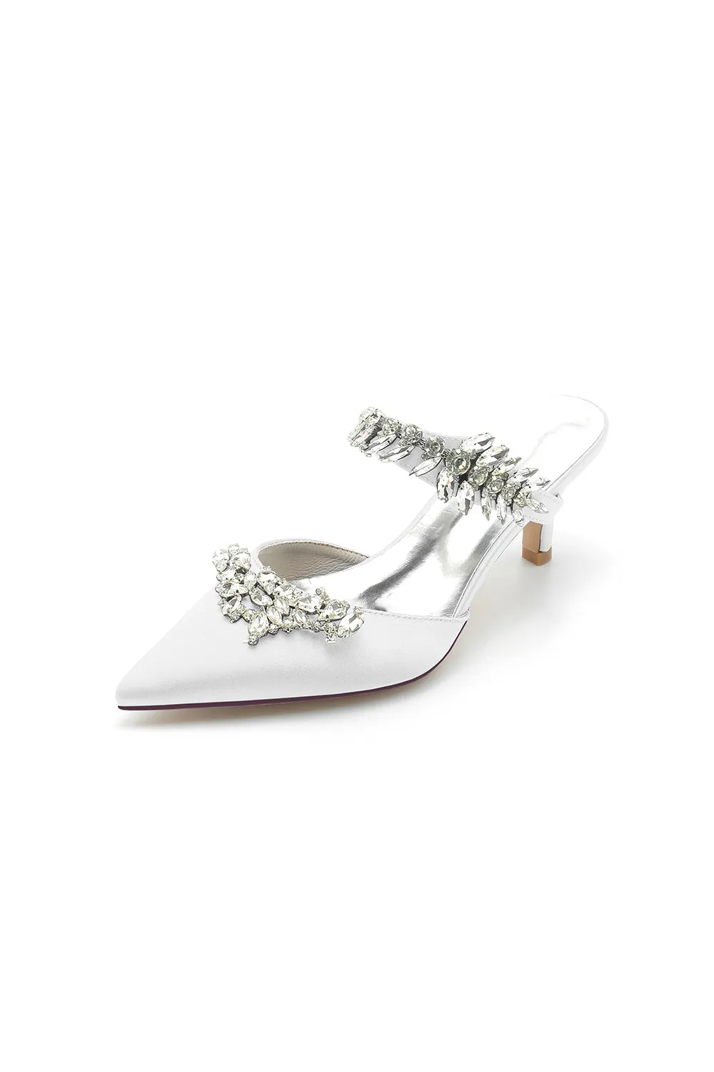 Satin Pointed Toe Mules with Crystal Rhinestone