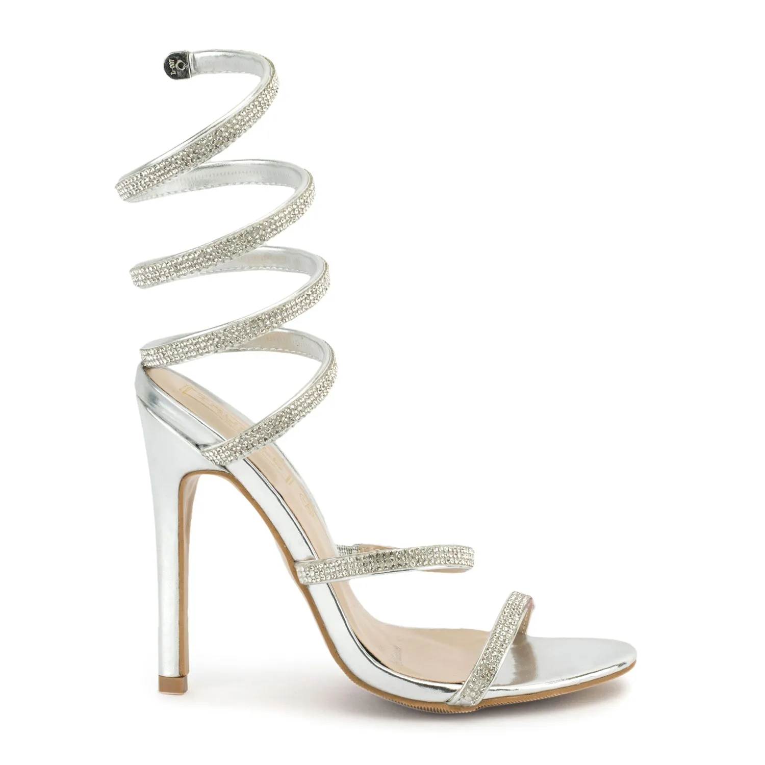 Silver Stiletto Jewel Wrap Around Sandals