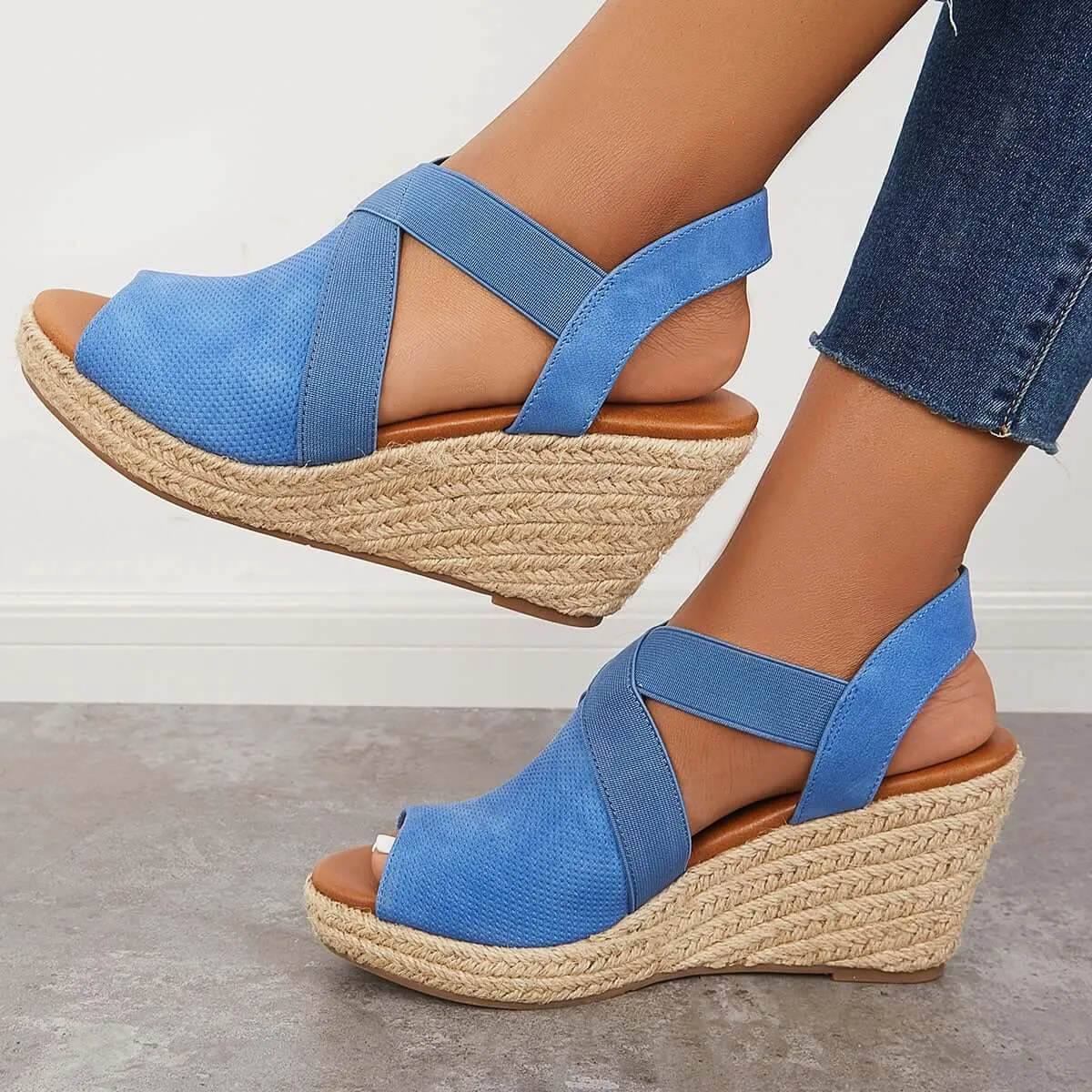 Sohiwoo Peep Toe Platform Espadrille Wedges Ankle Strap Sandals