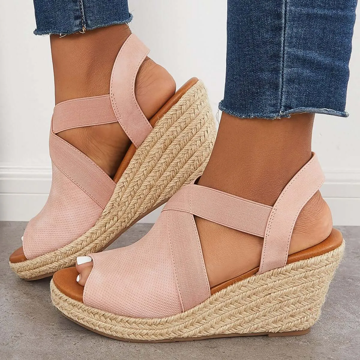 Sohiwoo Peep Toe Platform Espadrille Wedges Ankle Strap Sandals