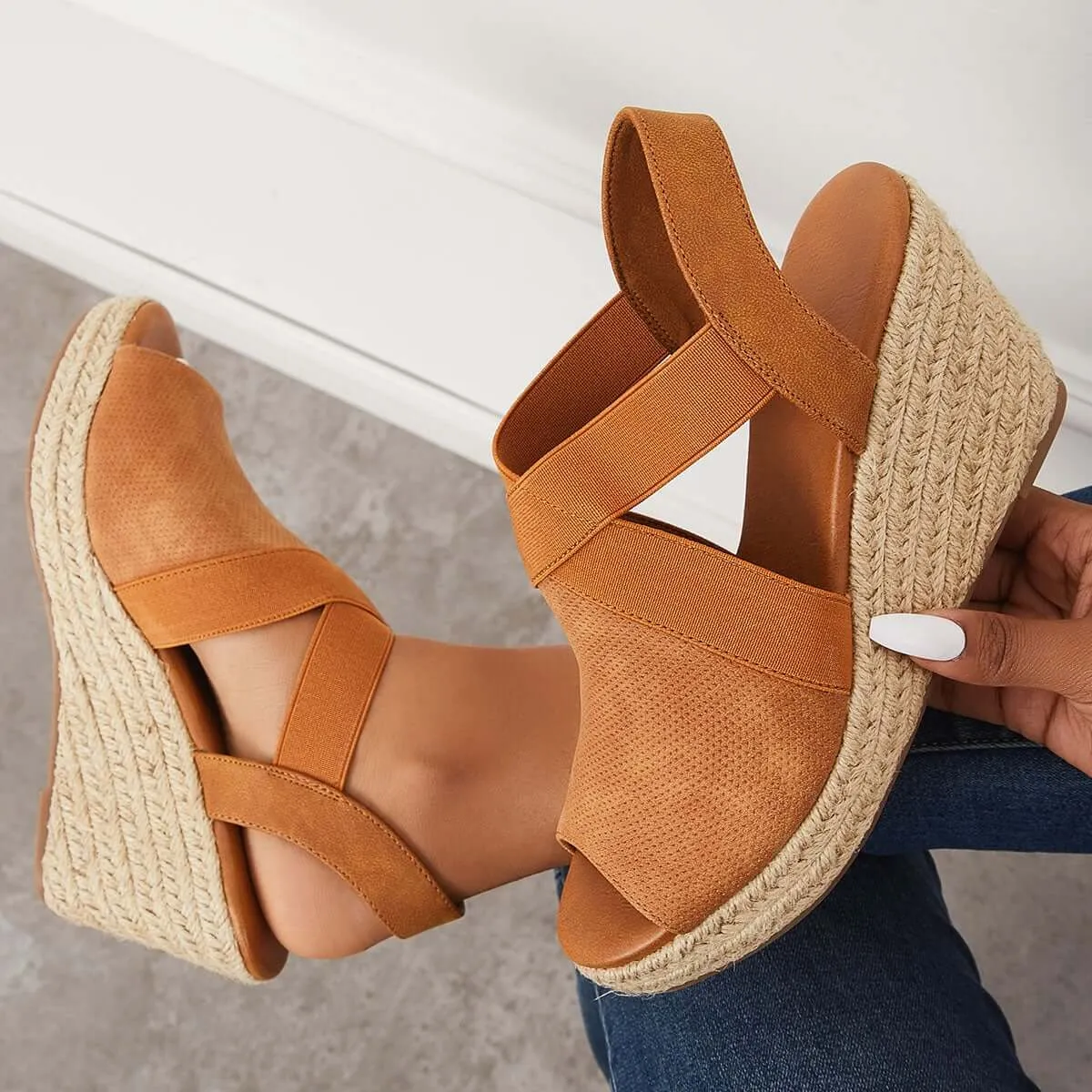 Sohiwoo Peep Toe Platform Espadrille Wedges Ankle Strap Sandals