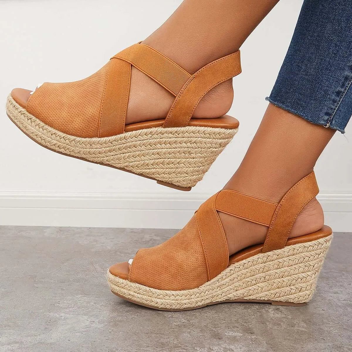 Sohiwoo Peep Toe Platform Espadrille Wedges Ankle Strap Sandals