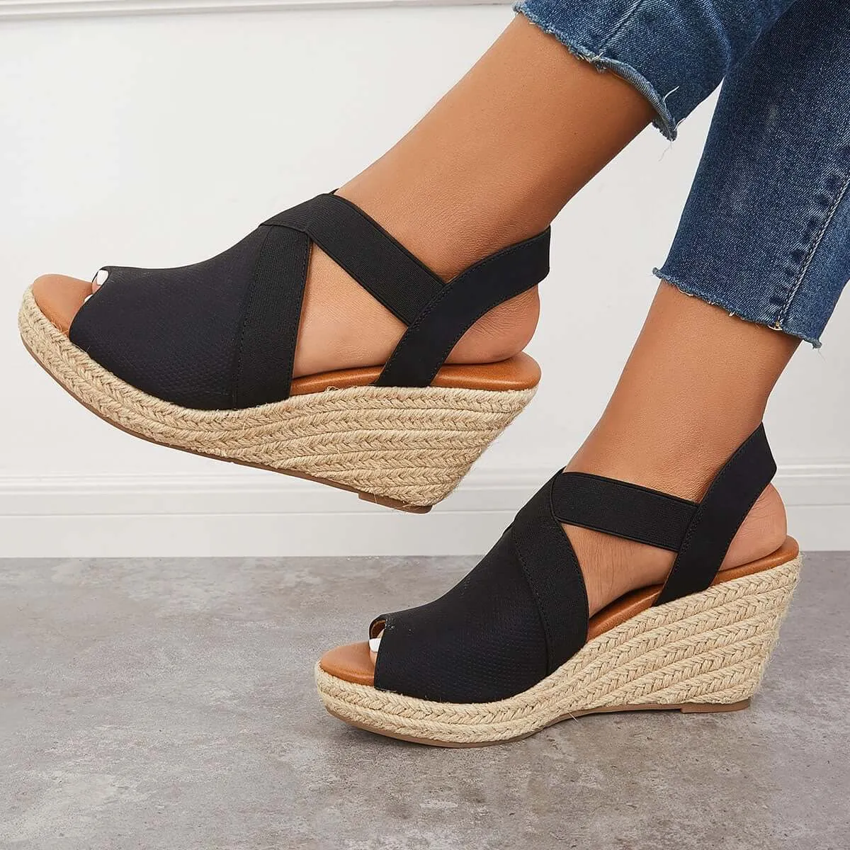 Sohiwoo Peep Toe Platform Espadrille Wedges Ankle Strap Sandals