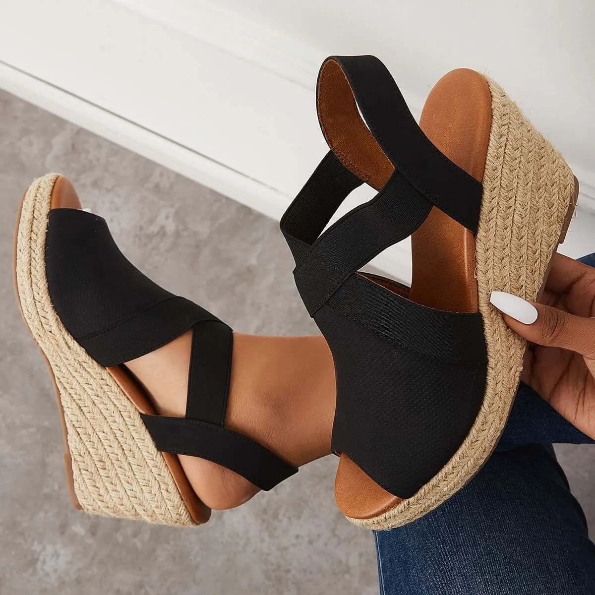 Sohiwoo Peep Toe Platform Espadrille Wedges Ankle Strap Sandals