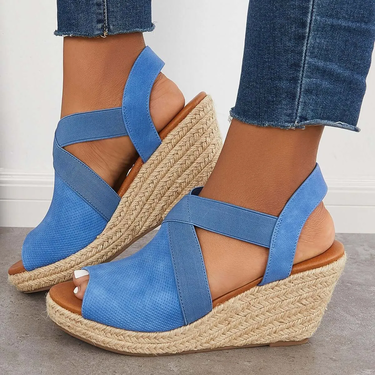 Sohiwoo Peep Toe Platform Espadrille Wedges Ankle Strap Sandals