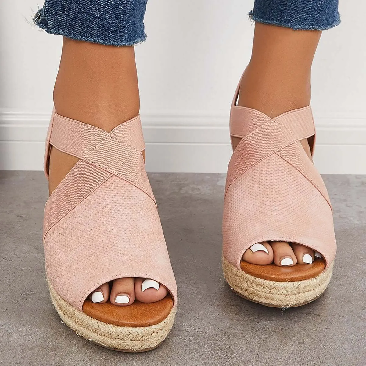 Sohiwoo Peep Toe Platform Espadrille Wedges Ankle Strap Sandals