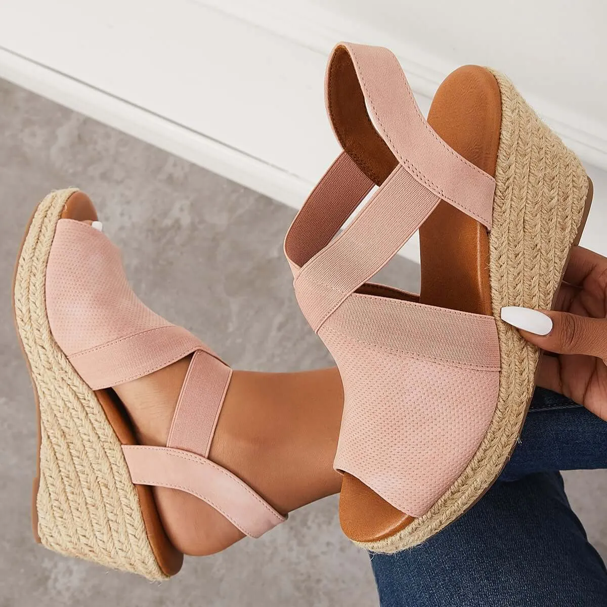 Sohiwoo Peep Toe Platform Espadrille Wedges Ankle Strap Sandals