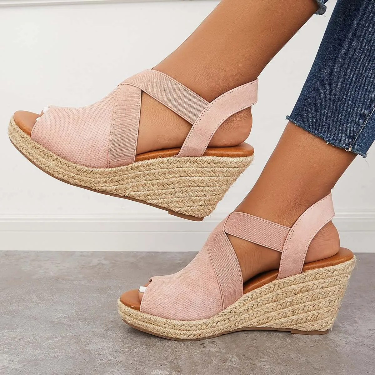 Sohiwoo Peep Toe Platform Espadrille Wedges Ankle Strap Sandals