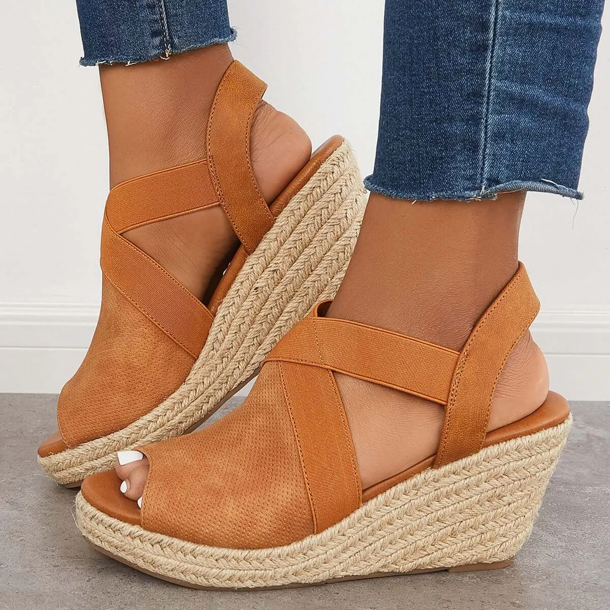 Sohiwoo Peep Toe Platform Espadrille Wedges Ankle Strap Sandals