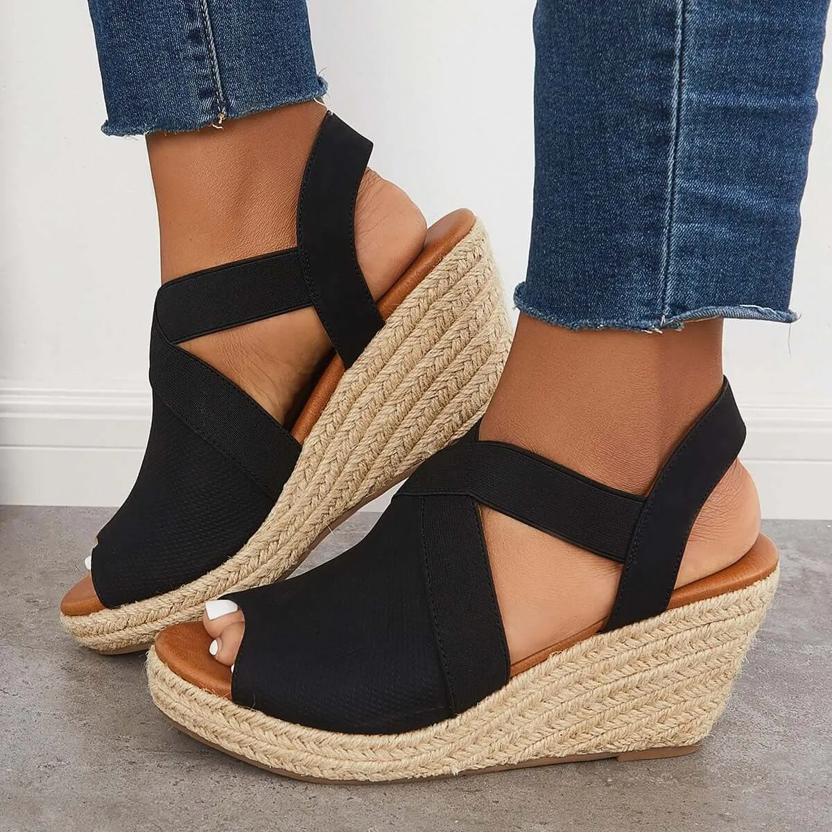 Sohiwoo Peep Toe Platform Espadrille Wedges Ankle Strap Sandals