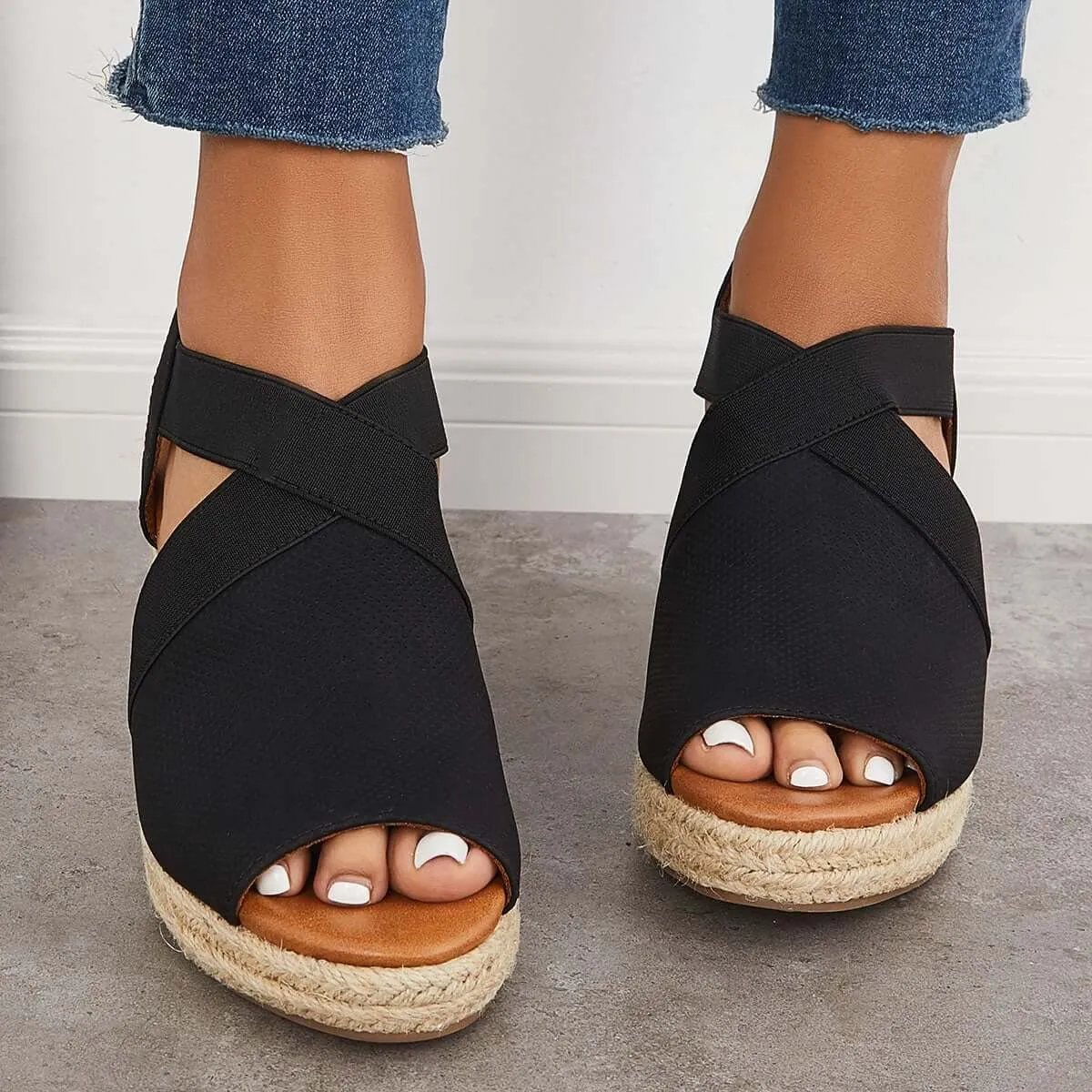 Sohiwoo Peep Toe Platform Espadrille Wedges Ankle Strap Sandals