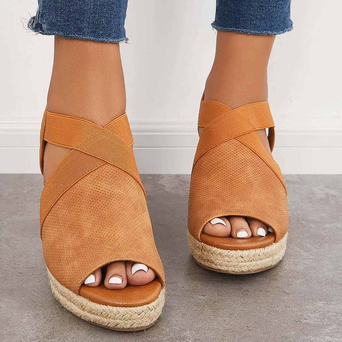 Sohiwoo Peep Toe Platform Espadrille Wedges Ankle Strap Sandals