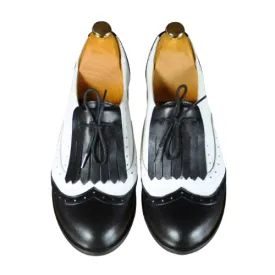 Tailor Made Handmade Black & White Genuine Leather, Wingtip Shoes, Brogue Spectator Womens Oxford Shoes