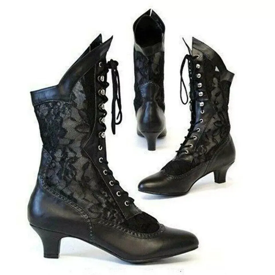 Victorian Faux Leather/Lace Mid Calf Boots