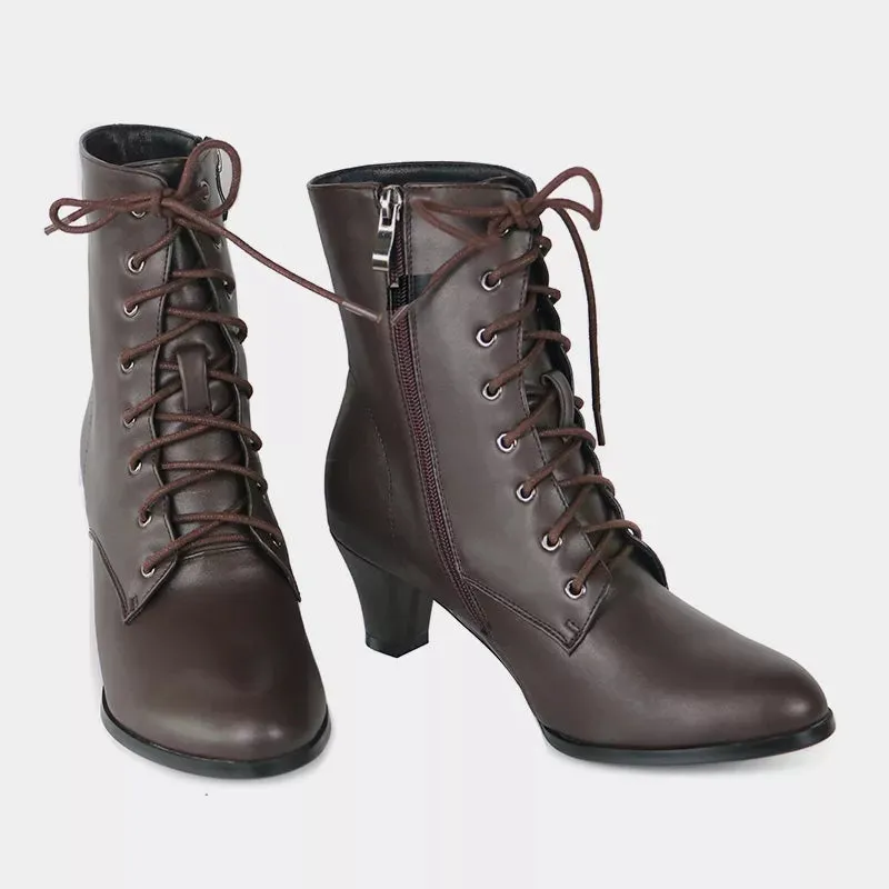 Victorian Lace-Up Faux Leather Ankle Boots