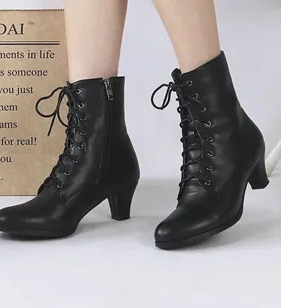 Victorian Lace-Up Faux Leather Ankle Boots