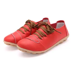 Women Genuine Leather Shoes Woman Hand Made Casual Shoes Fashion Lace up Round Toe Women Flats Soft Mother Shoes