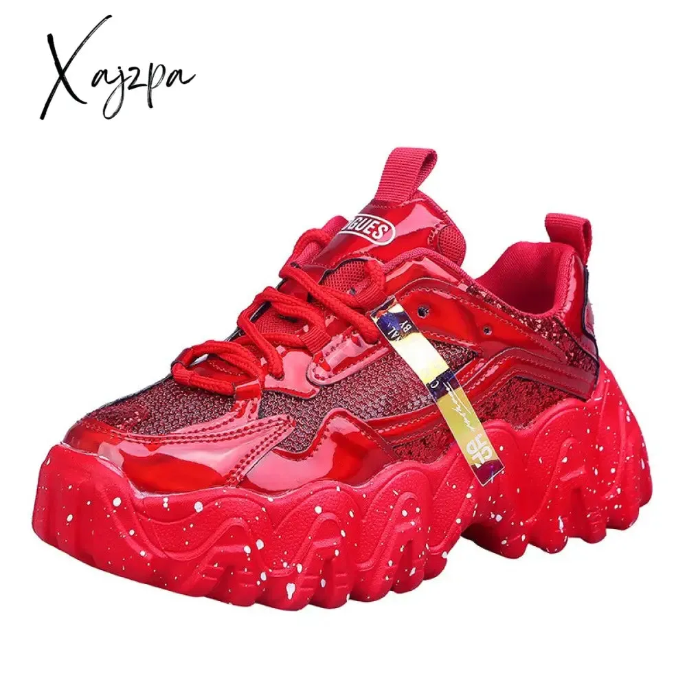 Xajzpa - Fashion Women Shoes Dad Chunky Sneakers Women Luxury Comfortable Glossy Thick Sole Ladies Platform Wave Bottom Trainers Female