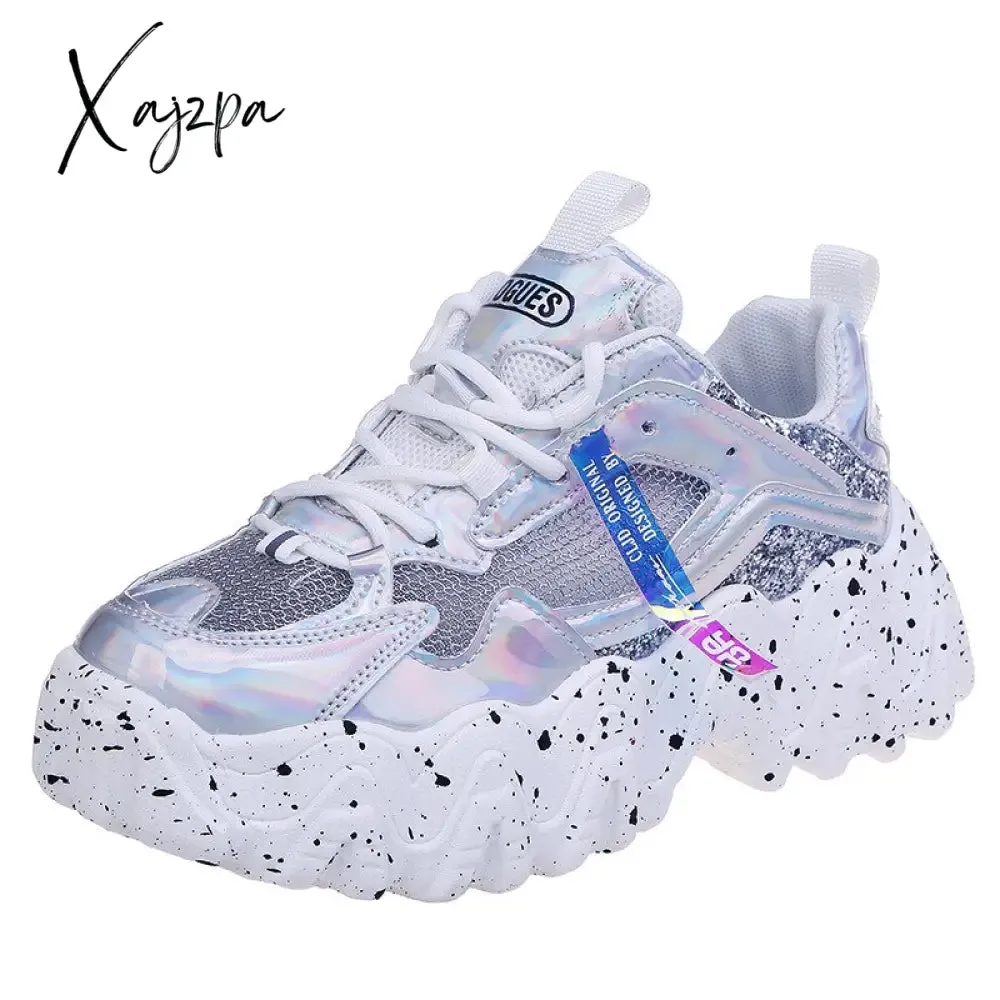 Xajzpa - Fashion Women Shoes Dad Chunky Sneakers Women Luxury Comfortable Glossy Thick Sole Ladies Platform Wave Bottom Trainers Female