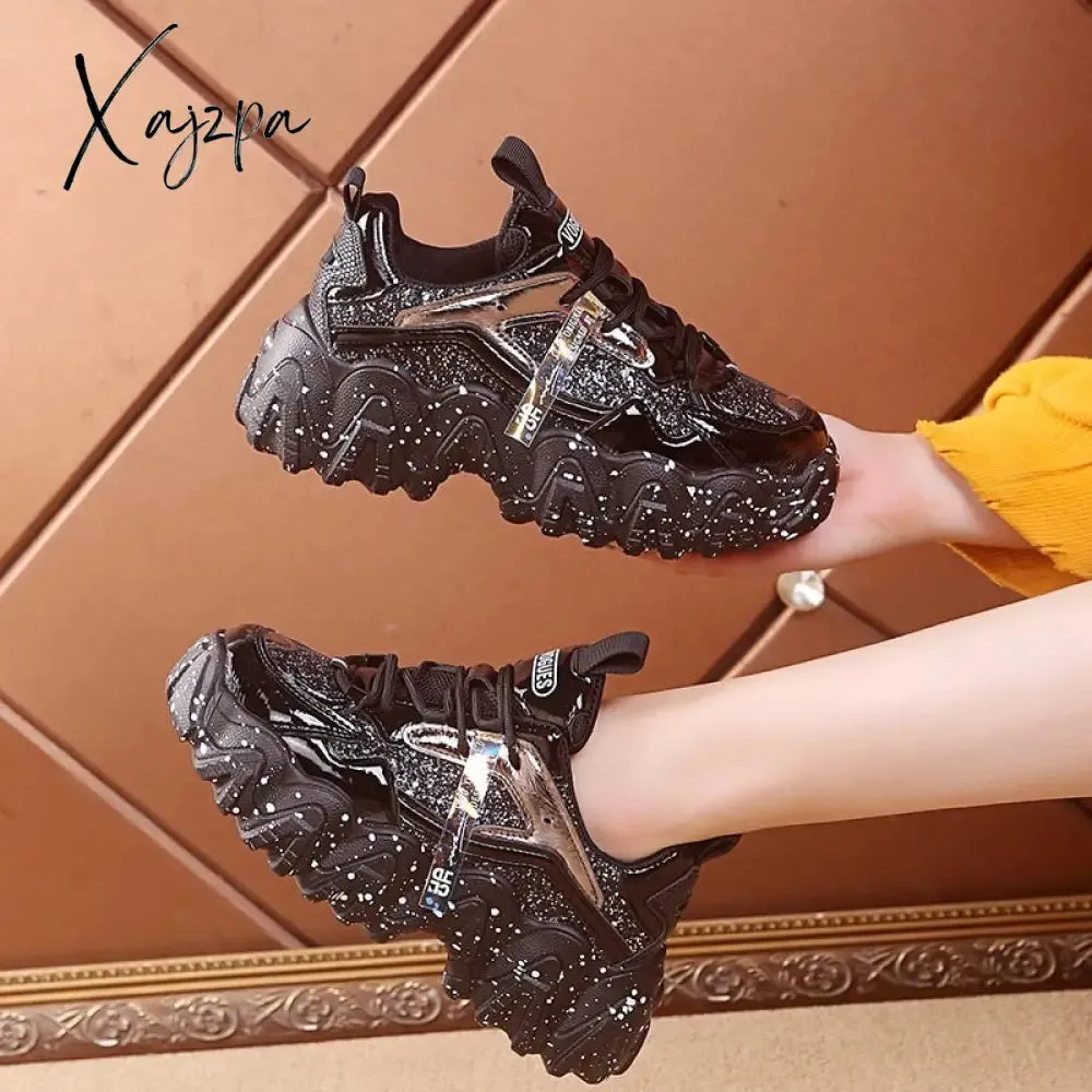 Xajzpa - Fashion Women Shoes Dad Chunky Sneakers Women Luxury Comfortable Glossy Thick Sole Ladies Platform Wave Bottom Trainers Female