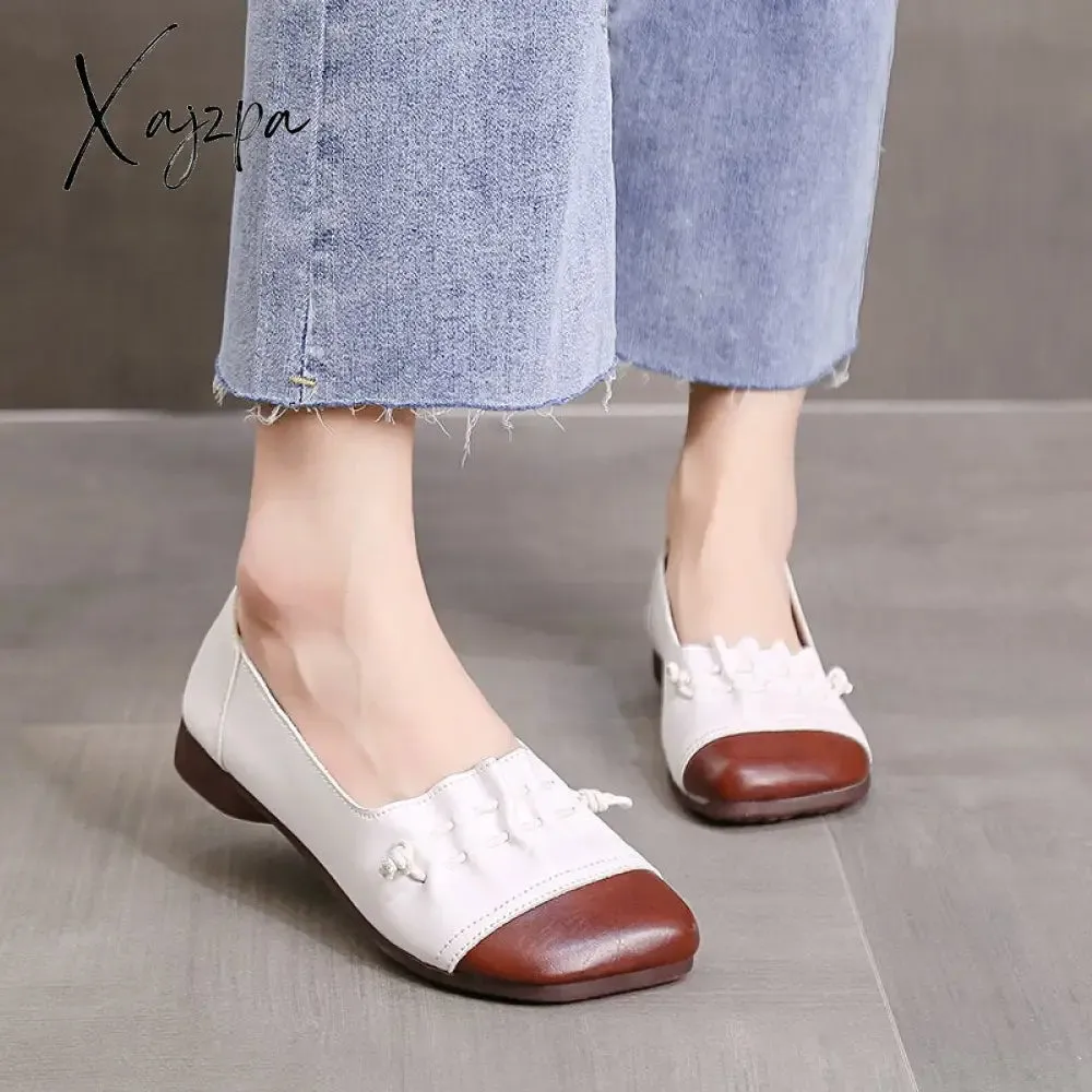 Xajzpa Women Flats Retro Shoes New Shallow Mouth Shoes Retro Slip On Fashion All-Match Women Shoes Women Casual Fashion Chaussure Femme