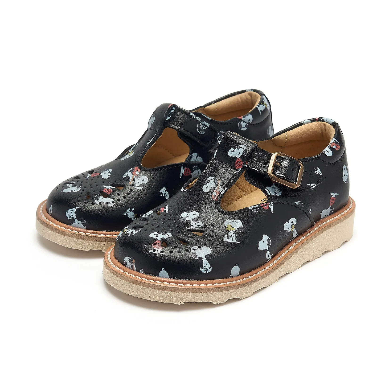 Young Soles Rosie T-Bar Snoopy Leather Shoes - Black