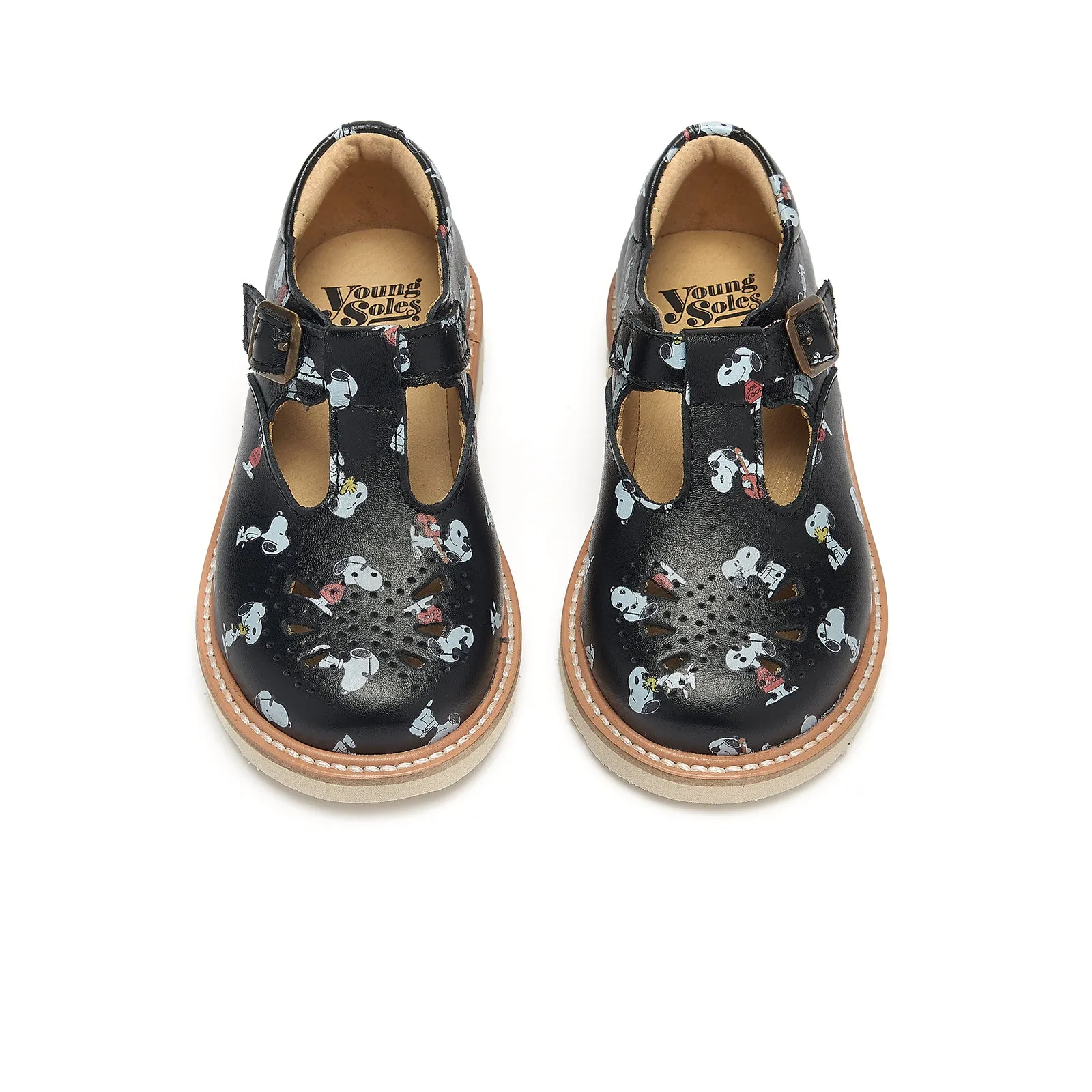 Young Soles Rosie T-Bar Snoopy Leather Shoes - Black